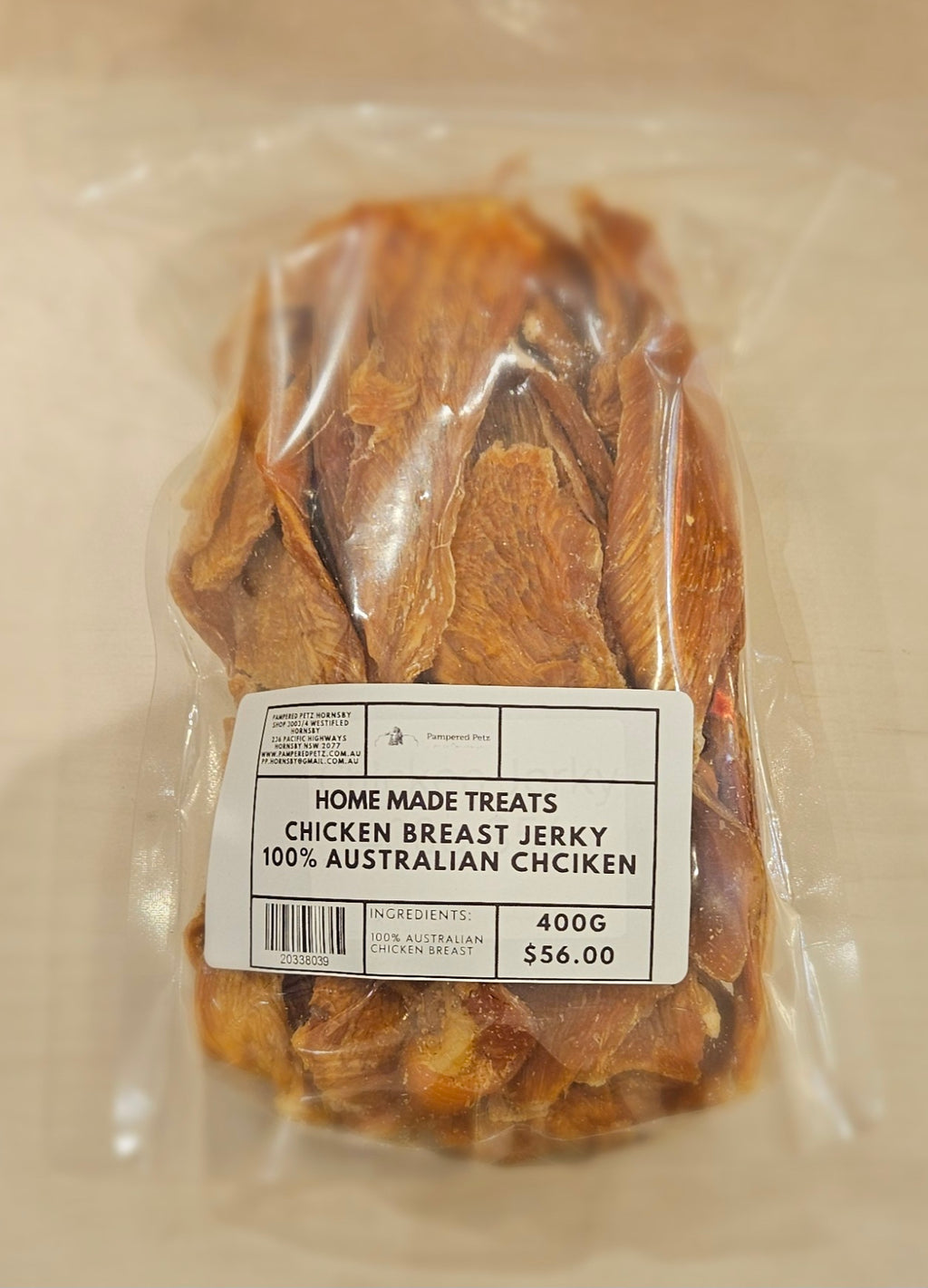 PAMPERED PETZ HORNSBY HOME MADE TREATS CHICKEN BREAST JERKY 400G