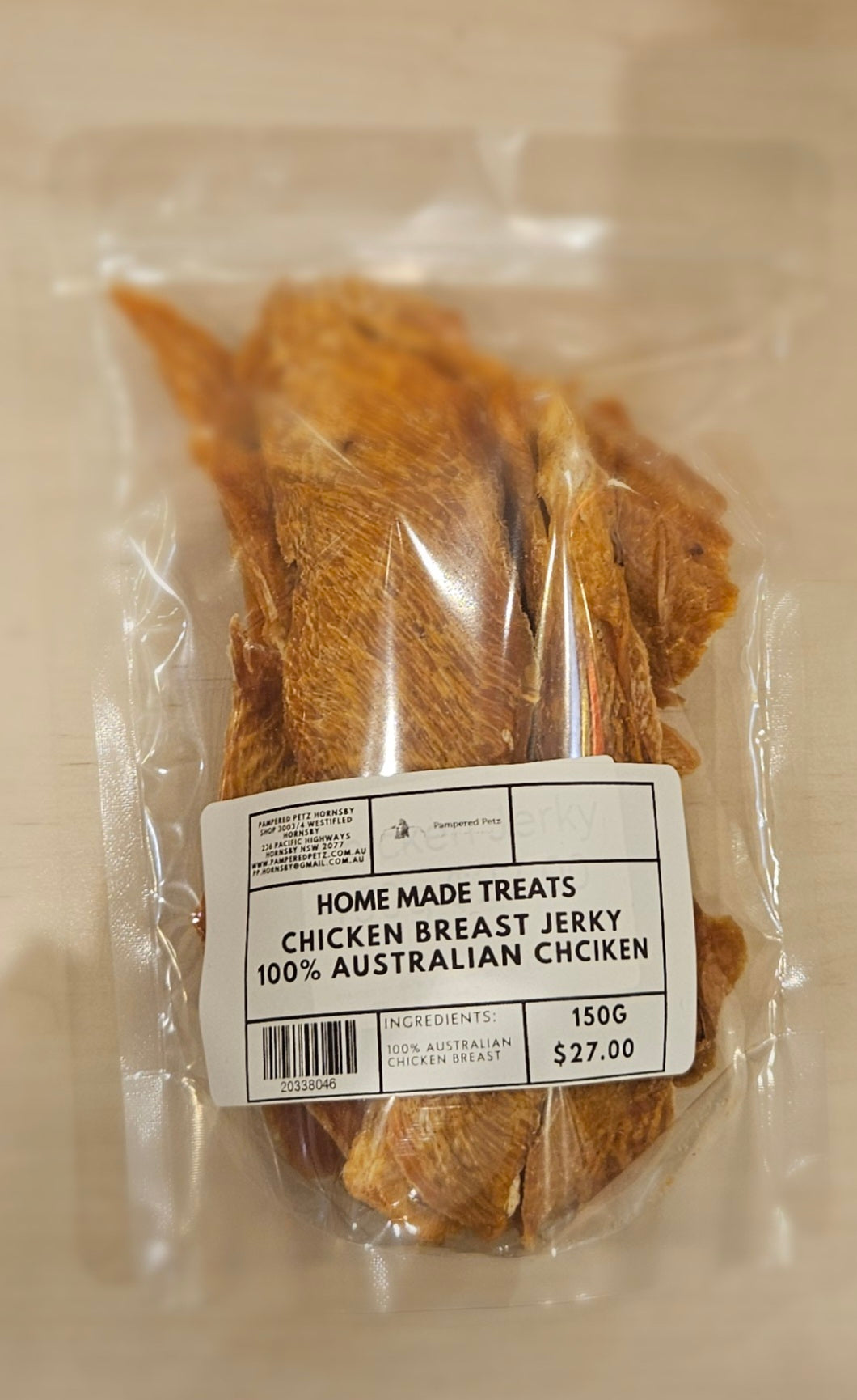 PAMPERED PETZ HORNSBY HOME MADE TREATS CHICKEN BREAST JERKY 150G