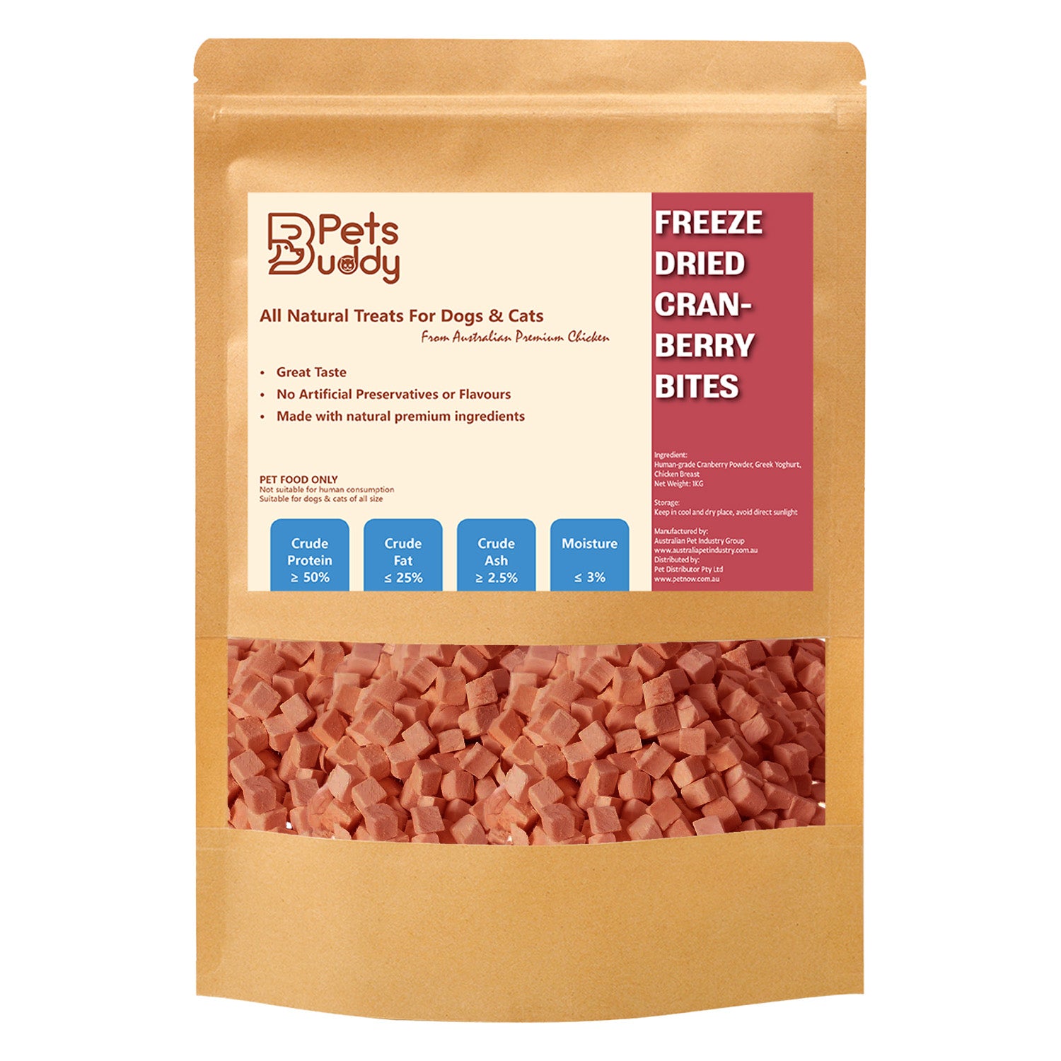 PETSBUDDY Freeze Dried Treats Cranberry & Yogurt With Chicken 1kg