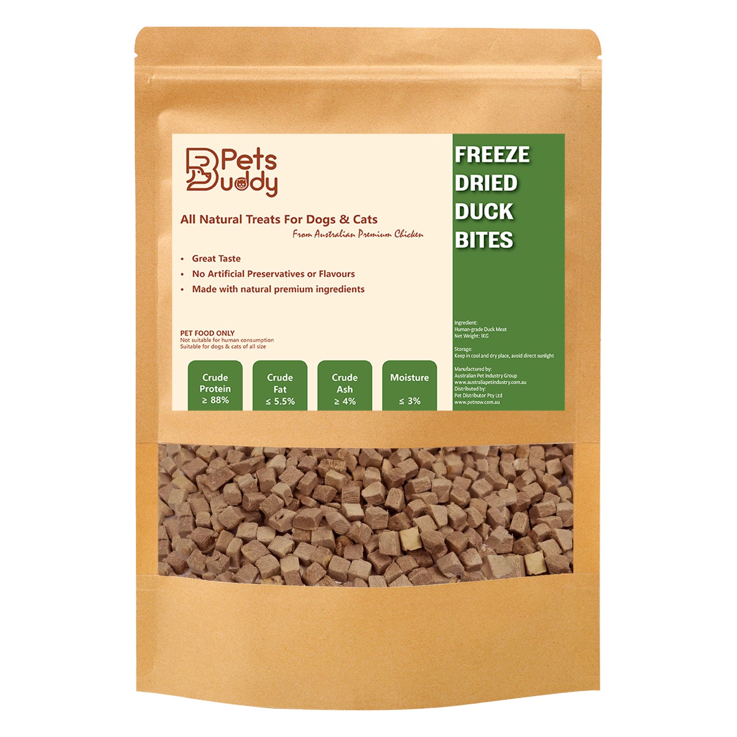 PETSBUDDY Freeze Dried Treats Duck Cubes 1kg