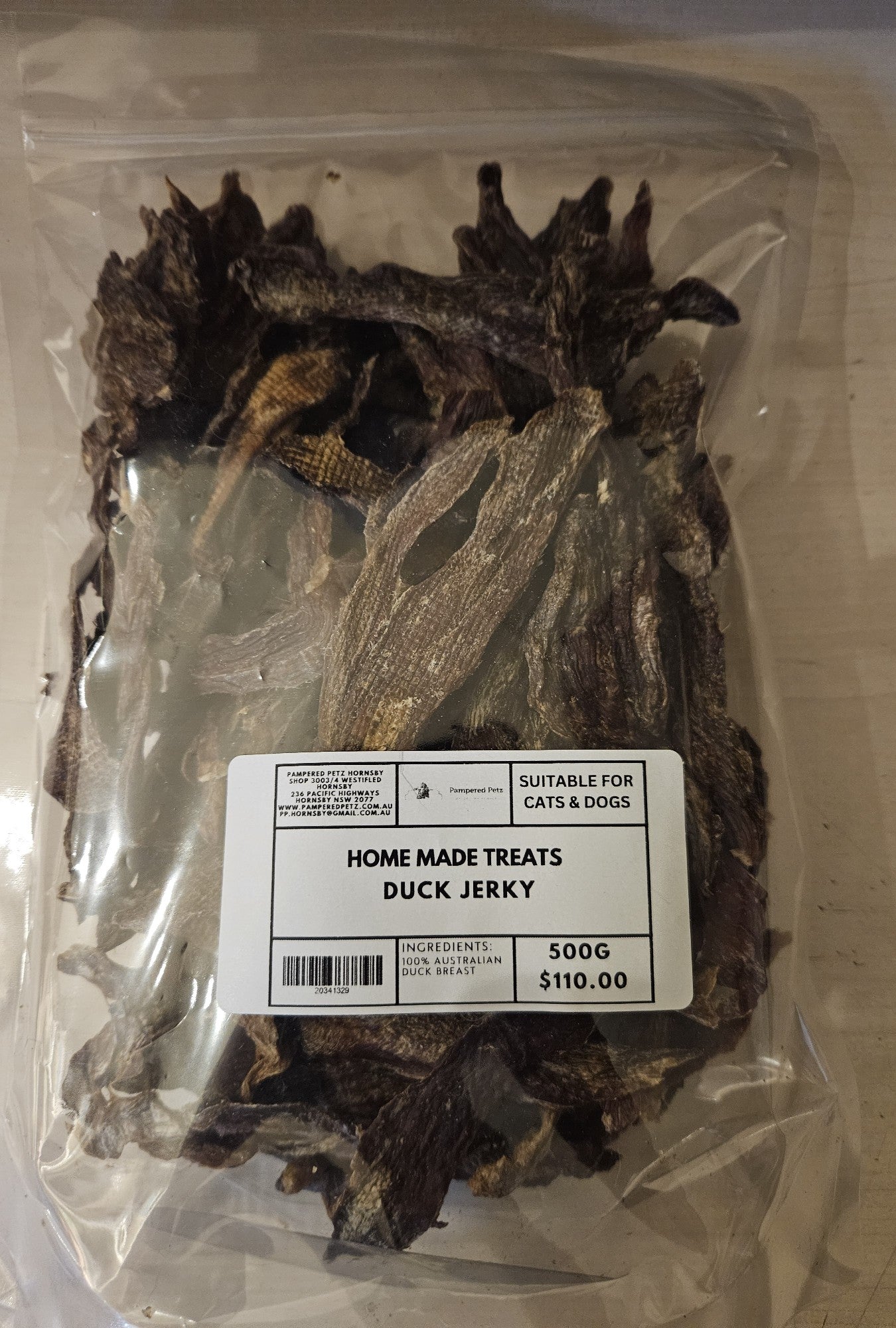 PAMPERED PETZ HORNSBY HOME MADE TREATS DUCK JERKY 500G
