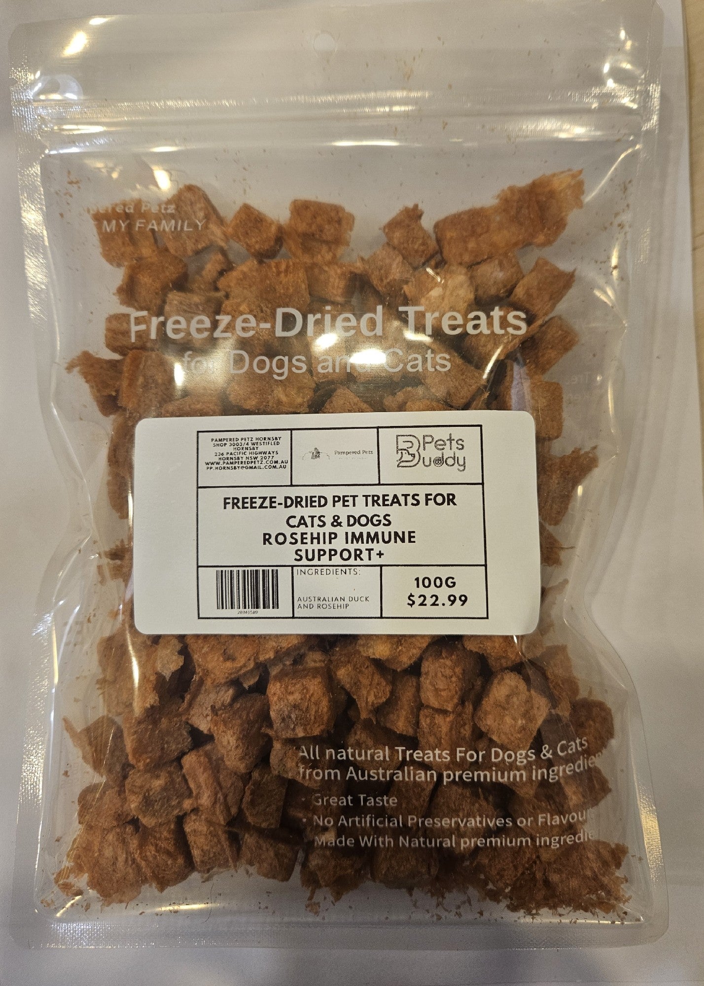 PETSBUDDY Freeze Dried Treats Rosehip Immune Support Duck & Rosehip 100g 