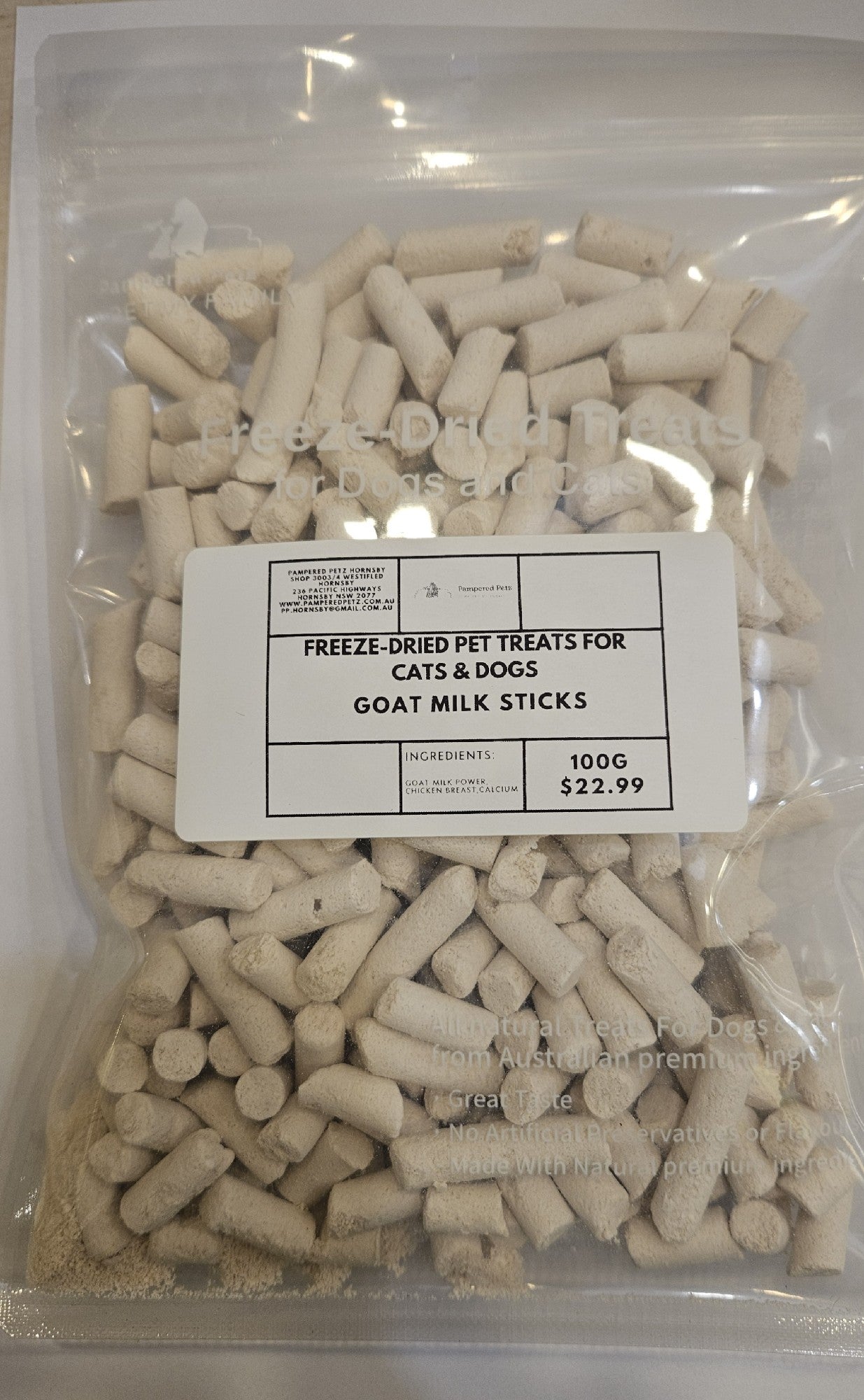 PAMPERED PETZ HORNSBY Freeze-Dried Pet Treats Goat Milk Sticks 100g