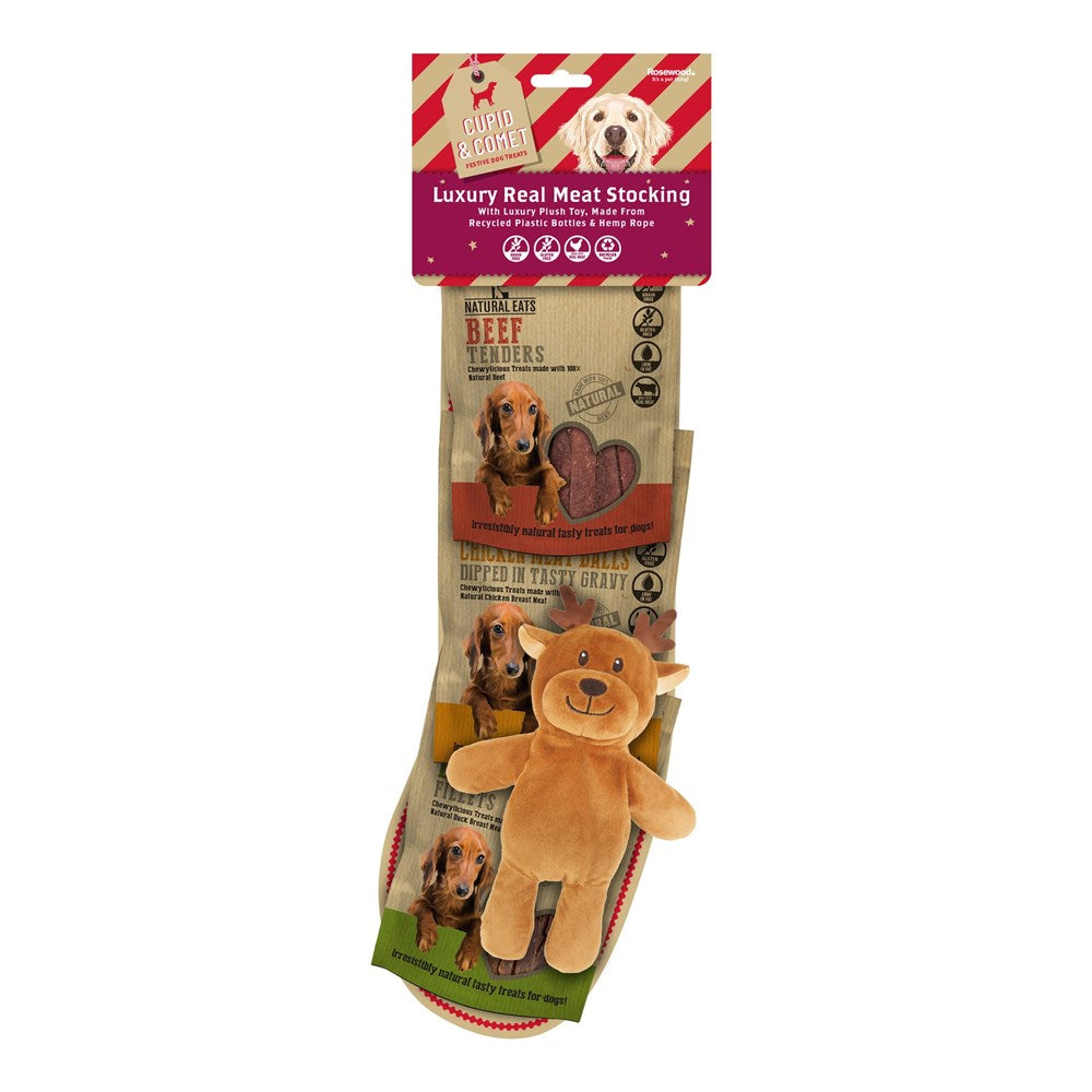 ROSEWOOD LUXURY NATURAL EATS DOG STOCKING WITH ROPE REINDEER TOY
