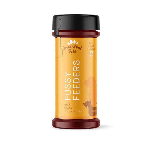 ANCESTRAL PETS FUSSY FEEDERS - BEEF LIVER FLAVOUR - 150G SHAKER BOTTLE
