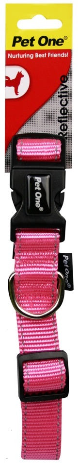 PET ONE COLLAR NYLON REFLECTIVE ADJ 24 TO 37CM 15MM PINK