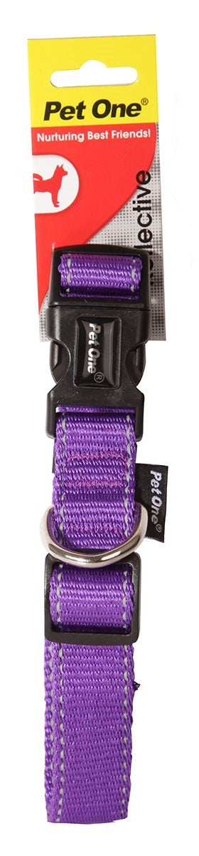 PET ONE COLLAR NYLON REFLECTIVE ADJ 24 TO 37CM 15MM PURPLE