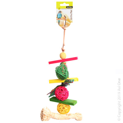 AVI ONE BIRD TOY RATTAN BALLS WITH RAFFIA WOODEN BEADS 34CM