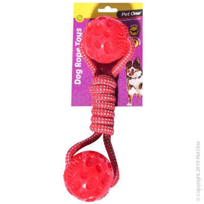 PET ONE DOG TOY ROPE WITH DUMBELL TPR BALLS RED 28CM