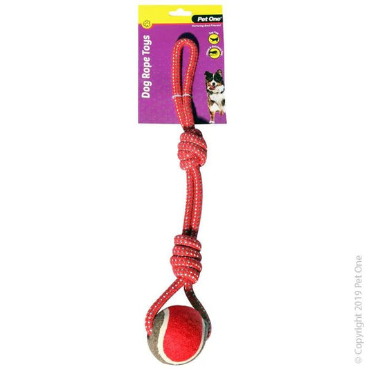 PET ONE DOG TOY ROPE 2 KNOT WITH TENNIS BALL RED/BLUE 43CM