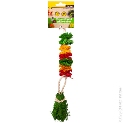 PET ONE SMALL ANIMALS VEGGIE ROPE AND STRAW CHEW HANGING POM POMS 28CM
