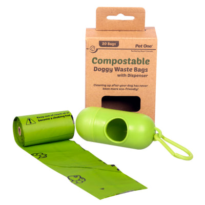 DOGGY WASTE BAGS COMPOSTABLE 1 ROLL X 20 BAGS PER ROLL & DISPENSER