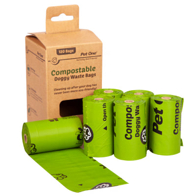 PET ONE DOGGY WASTE BAGS COMPOSTABLE 6 ROLLS X 20 BAGS PER ROLL