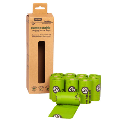 PET ONE DOGGY WASTE BAGS COMPOSTABLE 12 ROLLS X 20 BAGS PER ROLL