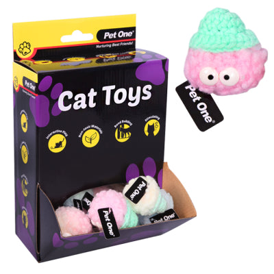 PET ONE CAT TOY FUZZY BALL WITH EYES 5CM MIX COLOUR