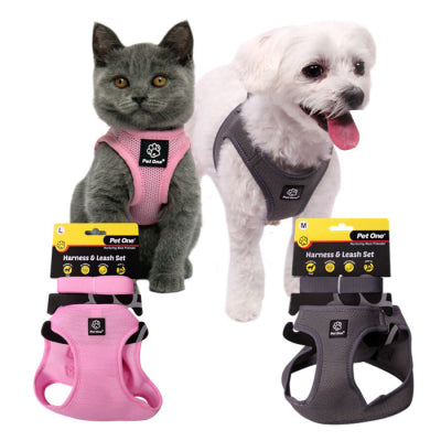 PET ONE HARNESS & LEASH SET DOG CAT SM ANIMAL 26-28CM GY