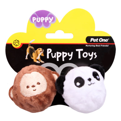 PET ONE DOG TOY PUPPY SQUEAKY MONKEY & PANDA BALL 2PCS SET 5.5CM