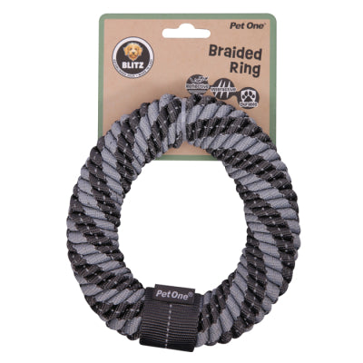 PET ONE DOG TOY BLITZ BRAIDED RING GREY MEDIUM