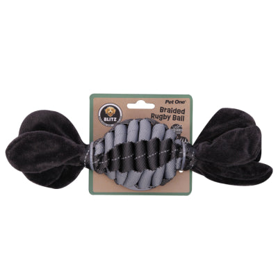 PET ONE DOG TOY BLITZ BRAIDED RUGBY BALL GREY LARGE