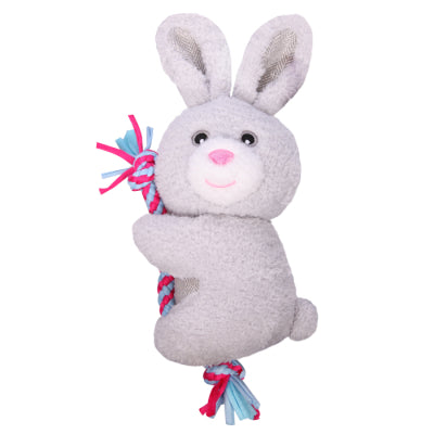 PET ONE DOG TOY PLUSH SQUEAKY BUNNY W ROPE 