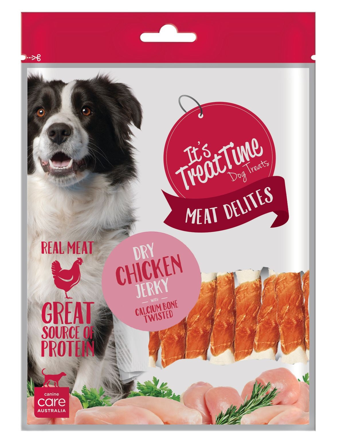 IT'S TREAT TIME MEAT DELITES DOG TREATS CHICKEN JERKY CALCIUM BONE TWISTED  500G
