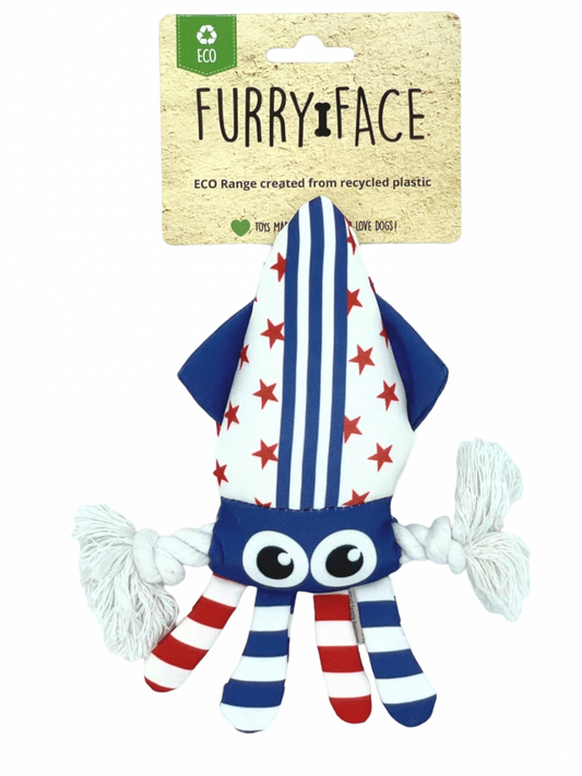 FURRY FACE NAUTICAL SUID SOFT DOG TOY WITH ROPE