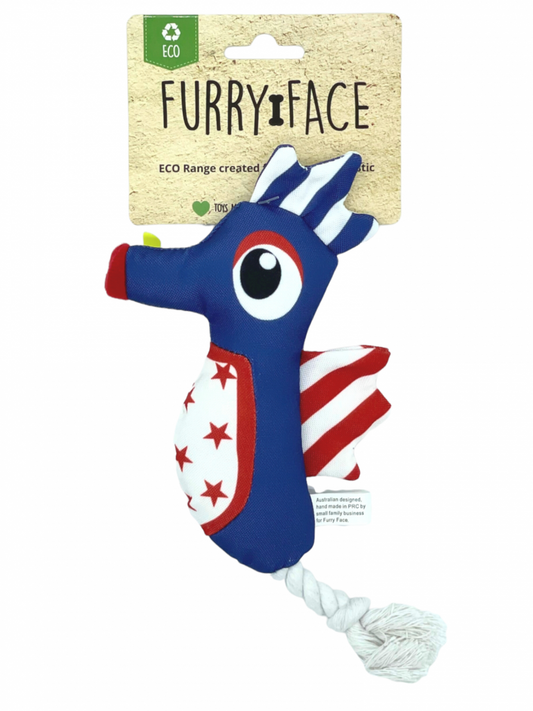 FURRY FACE NAUTICAL SEAHORSE SOFT DOG TOY WITH ROPE