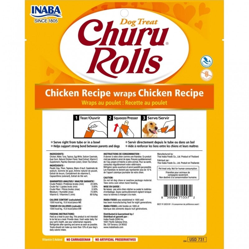 INABA CHURU ROLLS DOG TREAT WITH CREAMY CHICKEN FILLING 12GX8