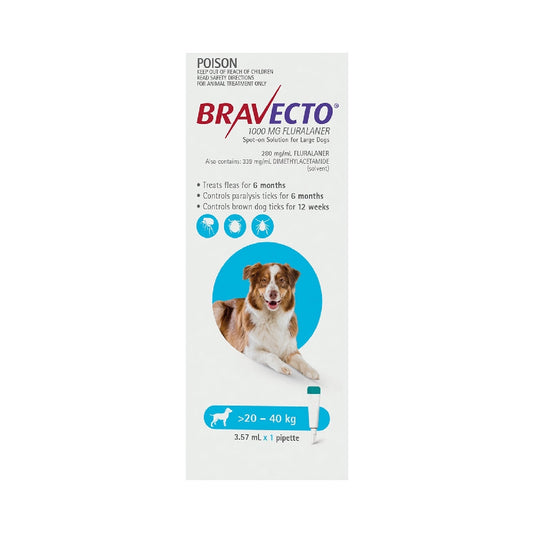 BRAVECTO SPOT DOG LARGE 20 TO 40KG BLUE 1 PACK - PAMPERED PETZ HORNSBY