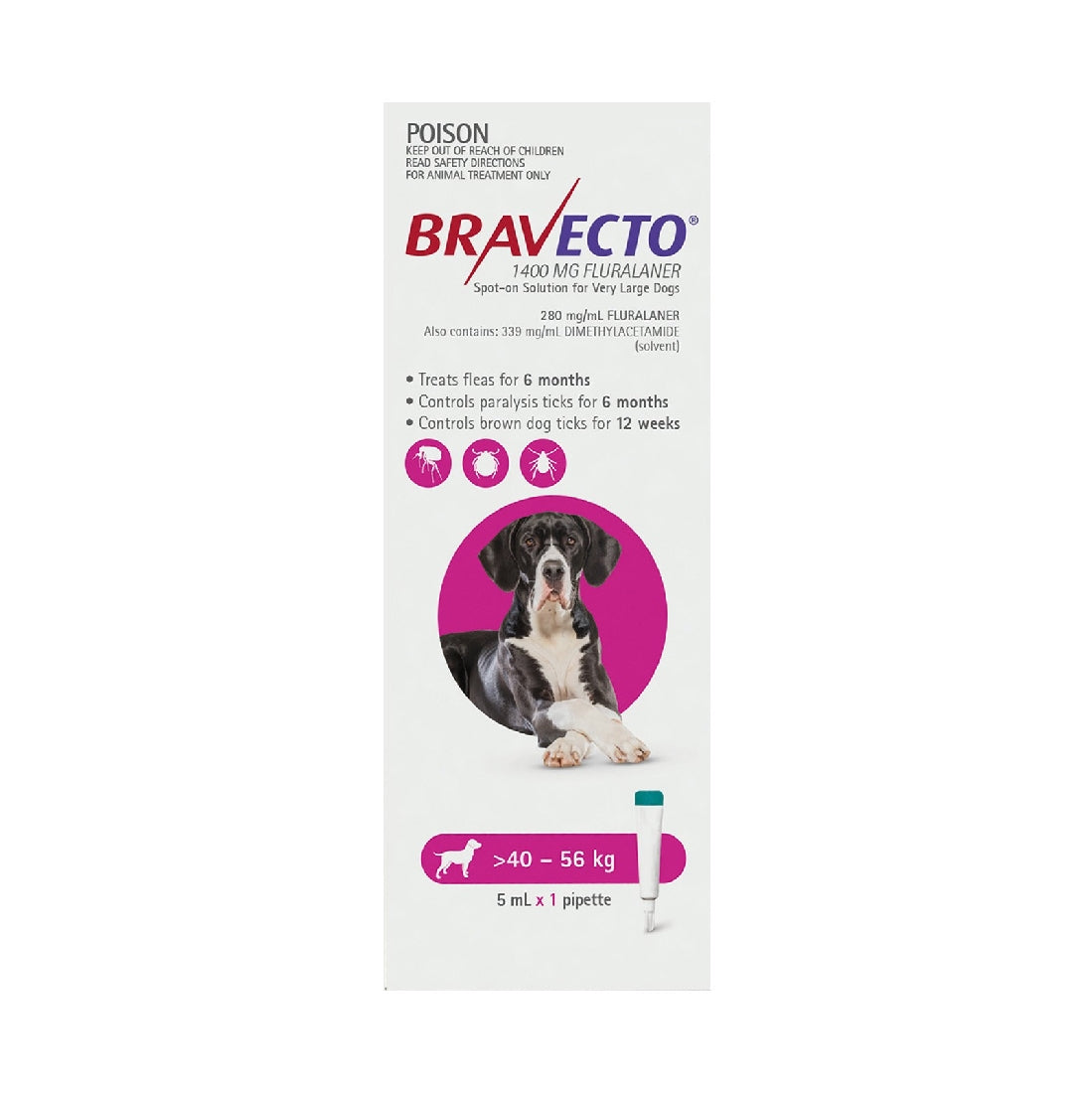 BRAVECTO SPOT DOG X-LARGE 40KG TO 56KG PINK 1 PACK