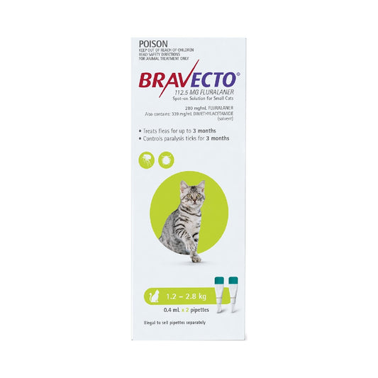 BRAVECTO SPOT CAT SMALL 1.2KG TO 2.8KG GREEN 2 PACK