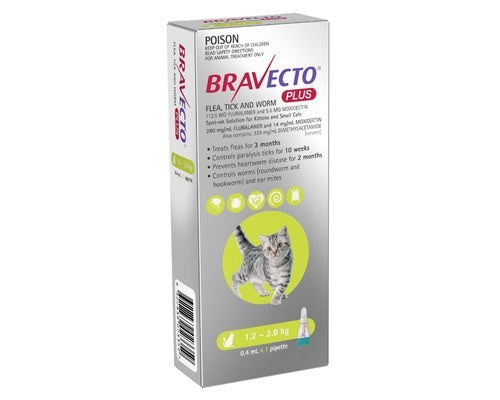 BRAVECTO PLUS SPOT ON CATS GREEN SMALL 1.2KG TO 2.8KG (1 PACK)
