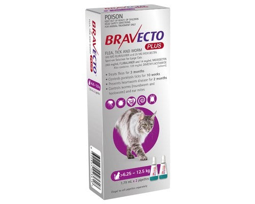 BRAVECTO PLUS SPOT ON CATS PURPLE LARGE 6.2-12KG (2 PACK)