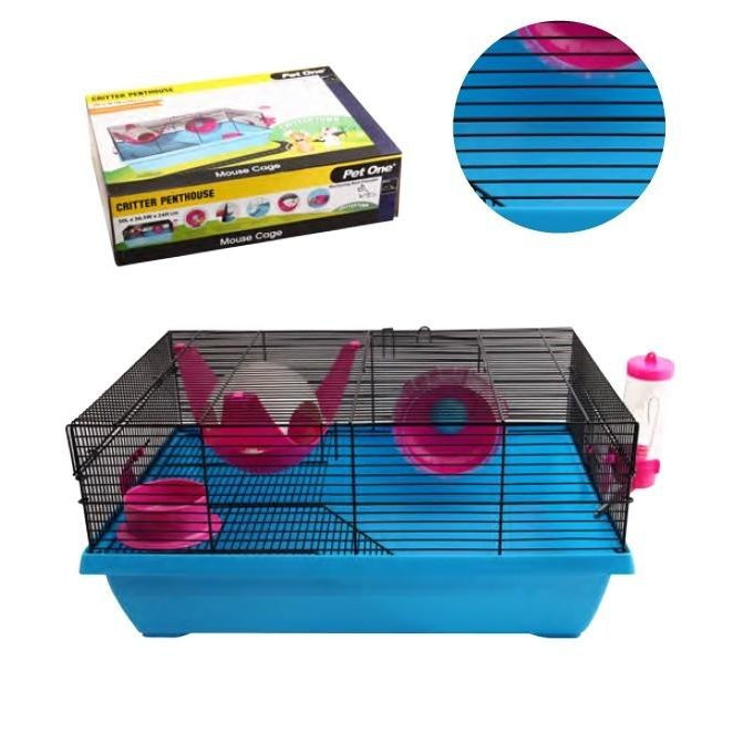 PET ONE SMALL ANIMALS CRITTER PENTHOUSE MOUSE WIRE CAGE - 50L X 36.5W X 24CM H - BLUE/PINK