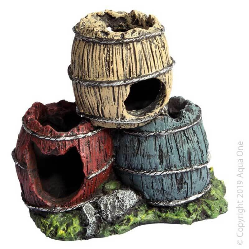 AQUA ONE ORNAMENT TRIPLE BARREL WITH SNAIL 12X8.5X11CMH