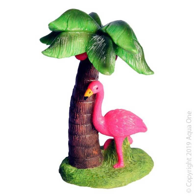 AQUA ONE ORNAMENT FLAMINGO WITH PALM TREE 7.5X8.X12CMH