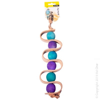 AVI ONE BIRD TOY WOODEN BEADS WITH LEATHER STRIP AND ROPE 32CM