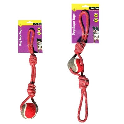 PET ONE DOG TOY ROPE 2 WAY TUG WITH TENNIS BALL RED/BLUE 49CM