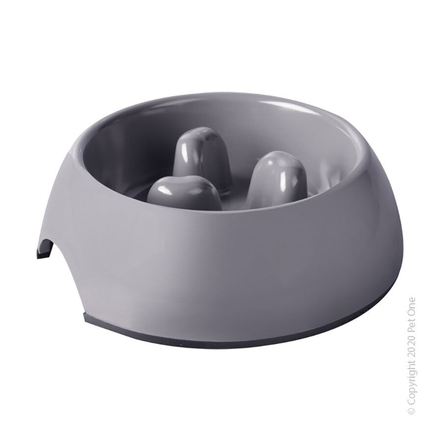 PET ONE BOWL MELAMINE ROUND SLOW DOWN FEEDER 600ML LIGHT GREY